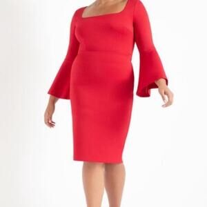 NEW Eloquii Square Neck Flare Sleeve Scuba Dress Red Stretch Midi 24